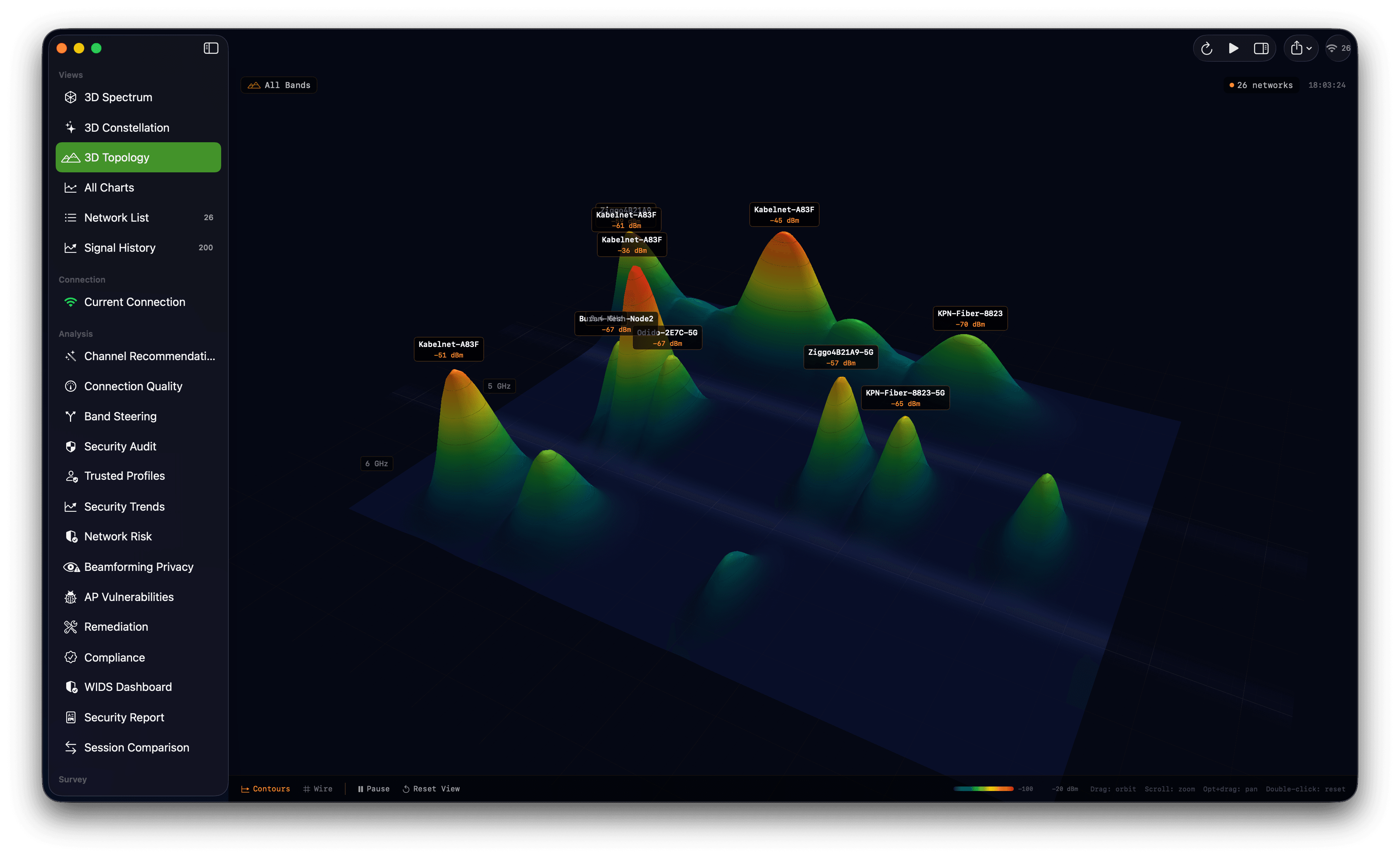 Three-dimensional Wi-Fi topology landscape with labeled access points on colored peaks.