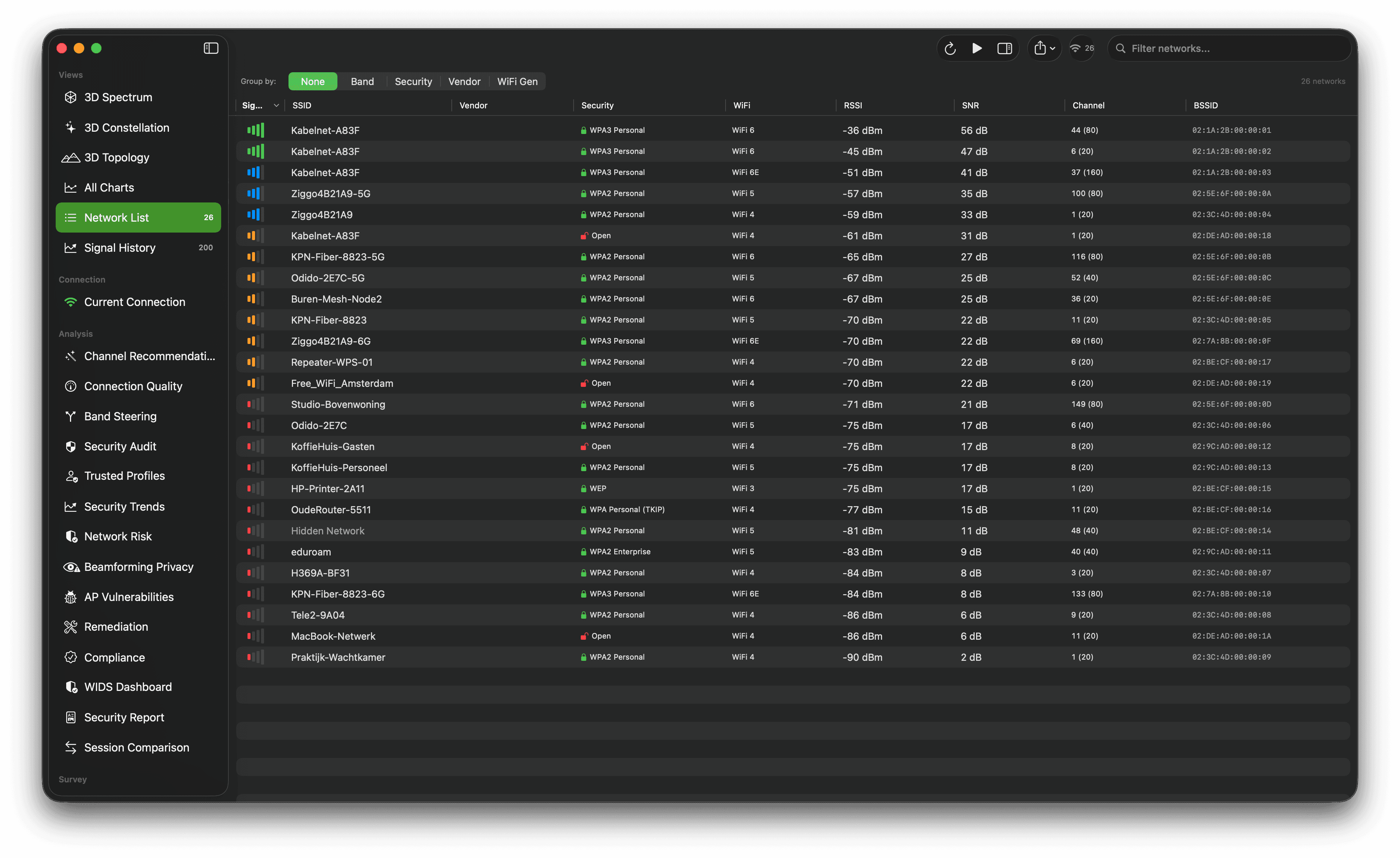 Live Wi-Fi network table with SSIDs, channels, signal levels, security, and vendor details.
