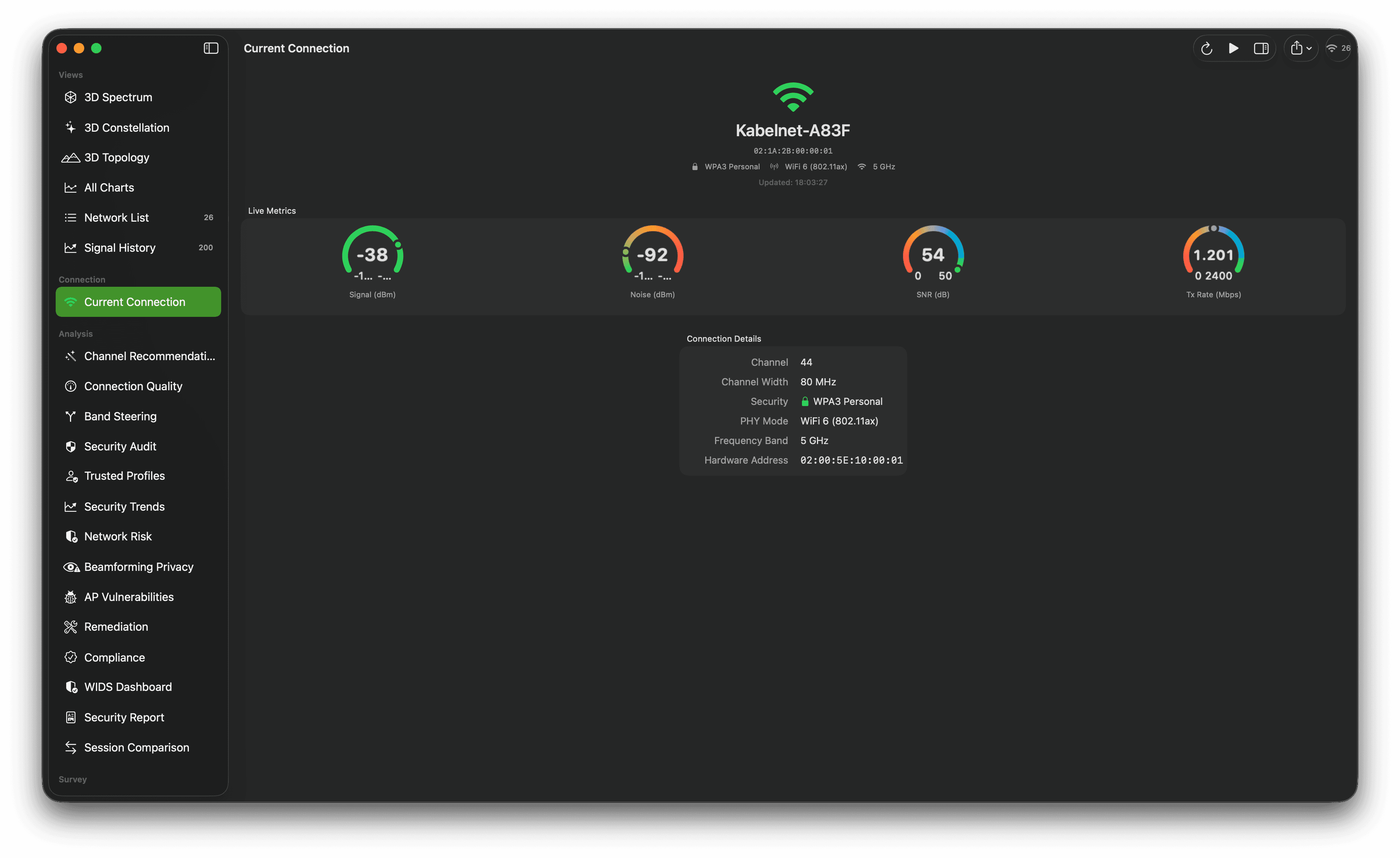 Current Wi-Fi connection dashboard with health gauges, access-point details, and connection metrics.