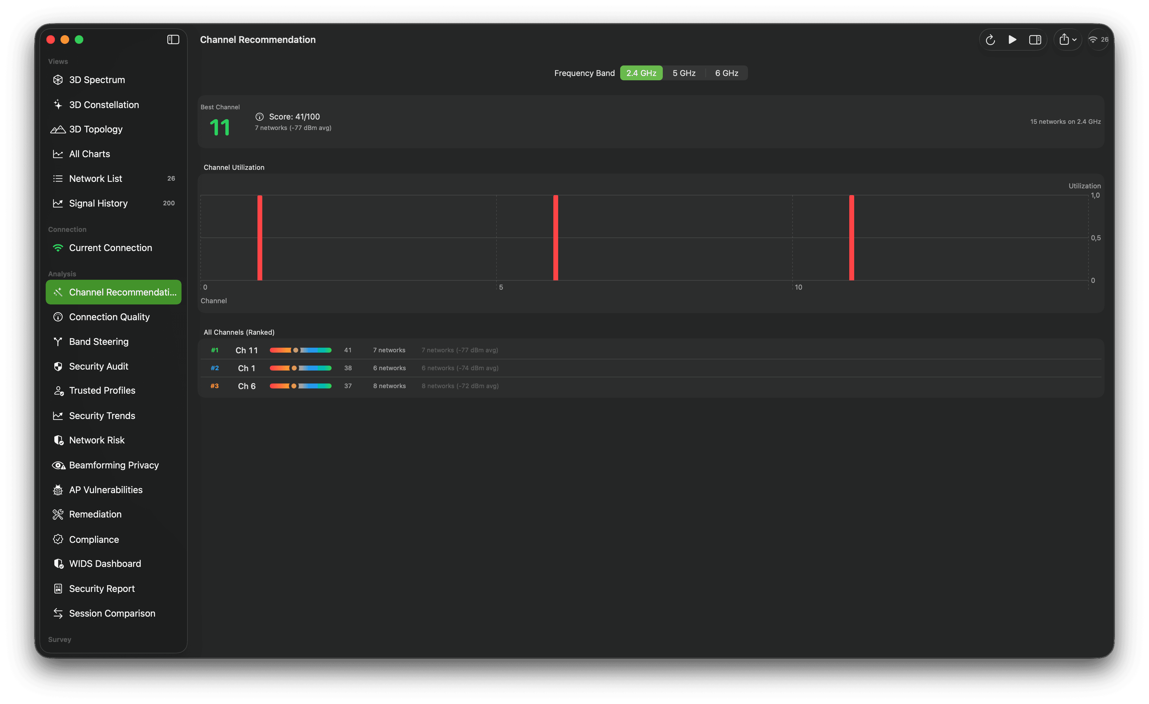 Channel recommendation dashboard with ranked colored bars and band selection controls.