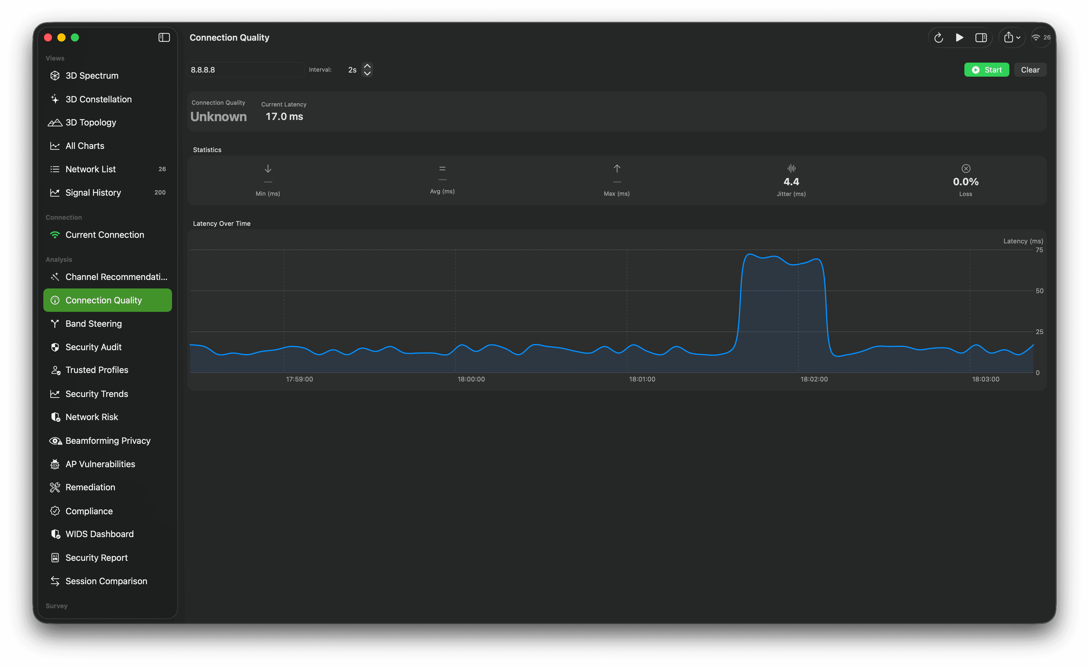 Connection quality test showing latency metrics and a blue time-series performance chart.