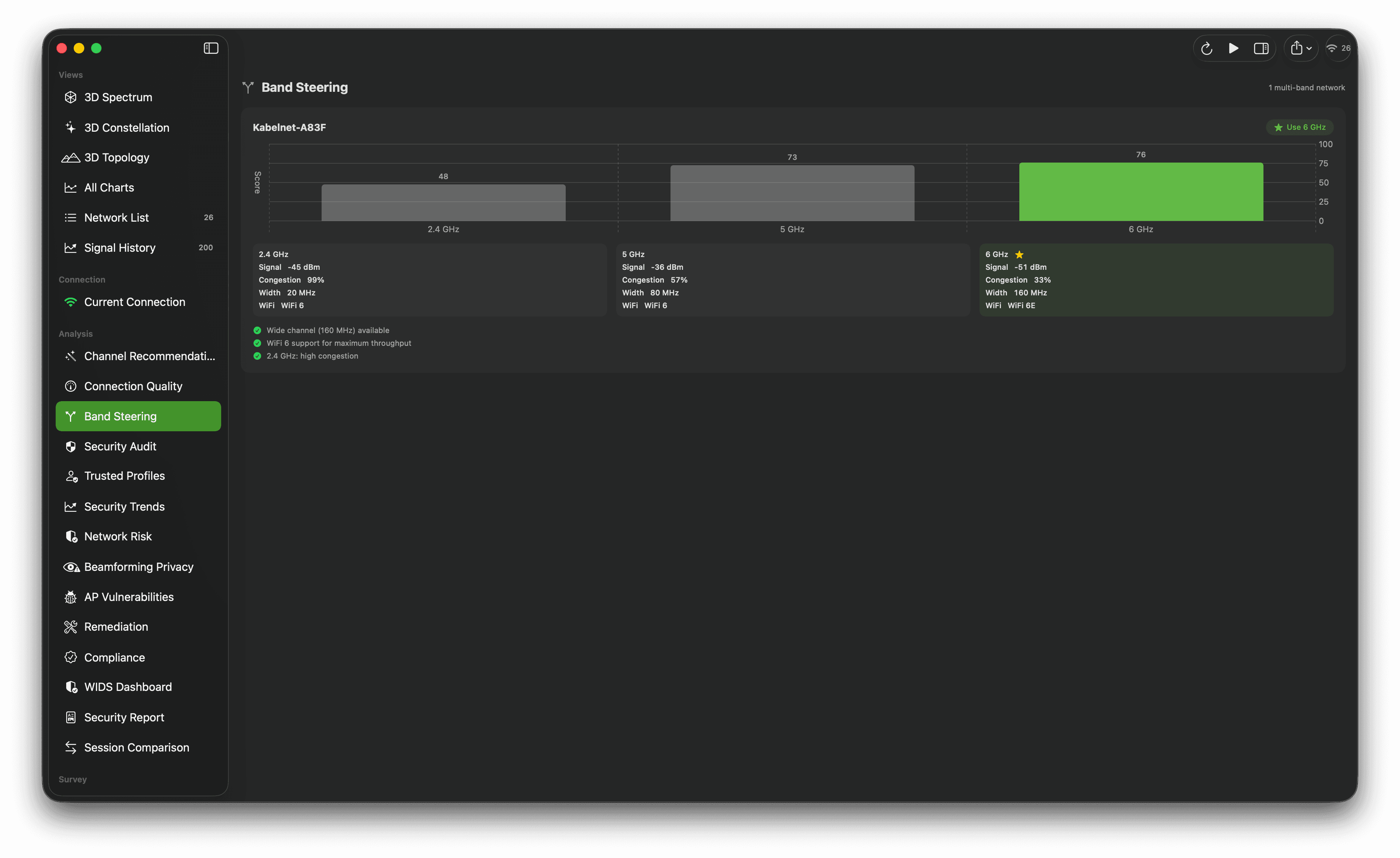 Band-steering comparison with three result cards, configuration details, and status indicators.