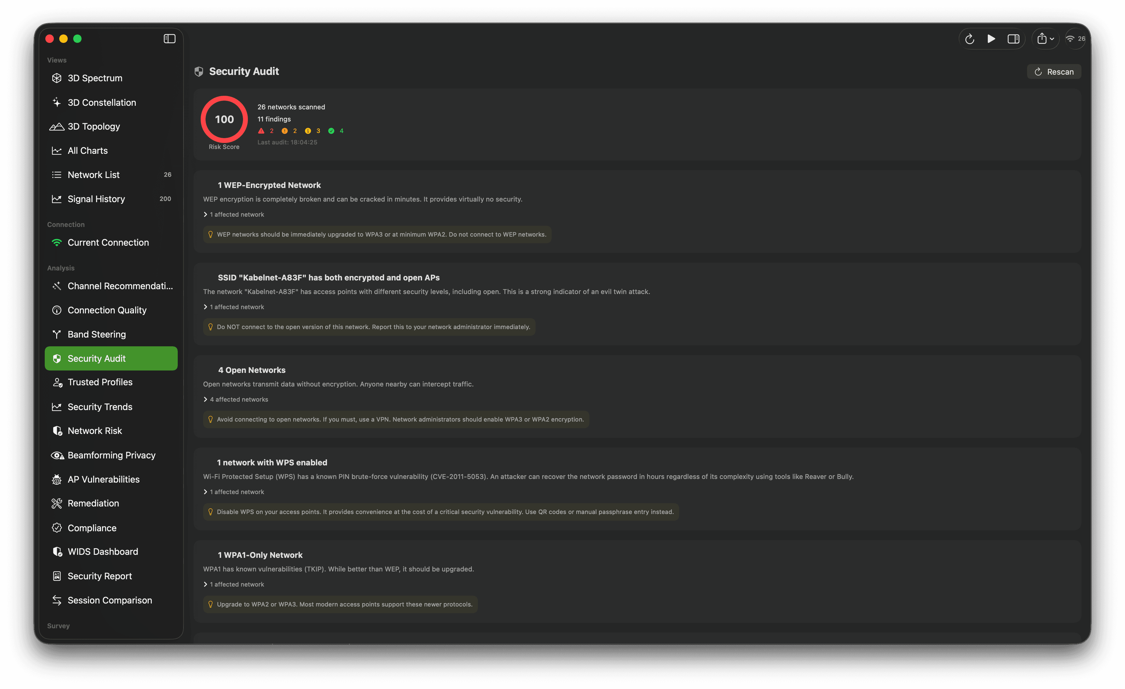 Wi-Fi security audit with an overall risk score and grouped configuration findings.