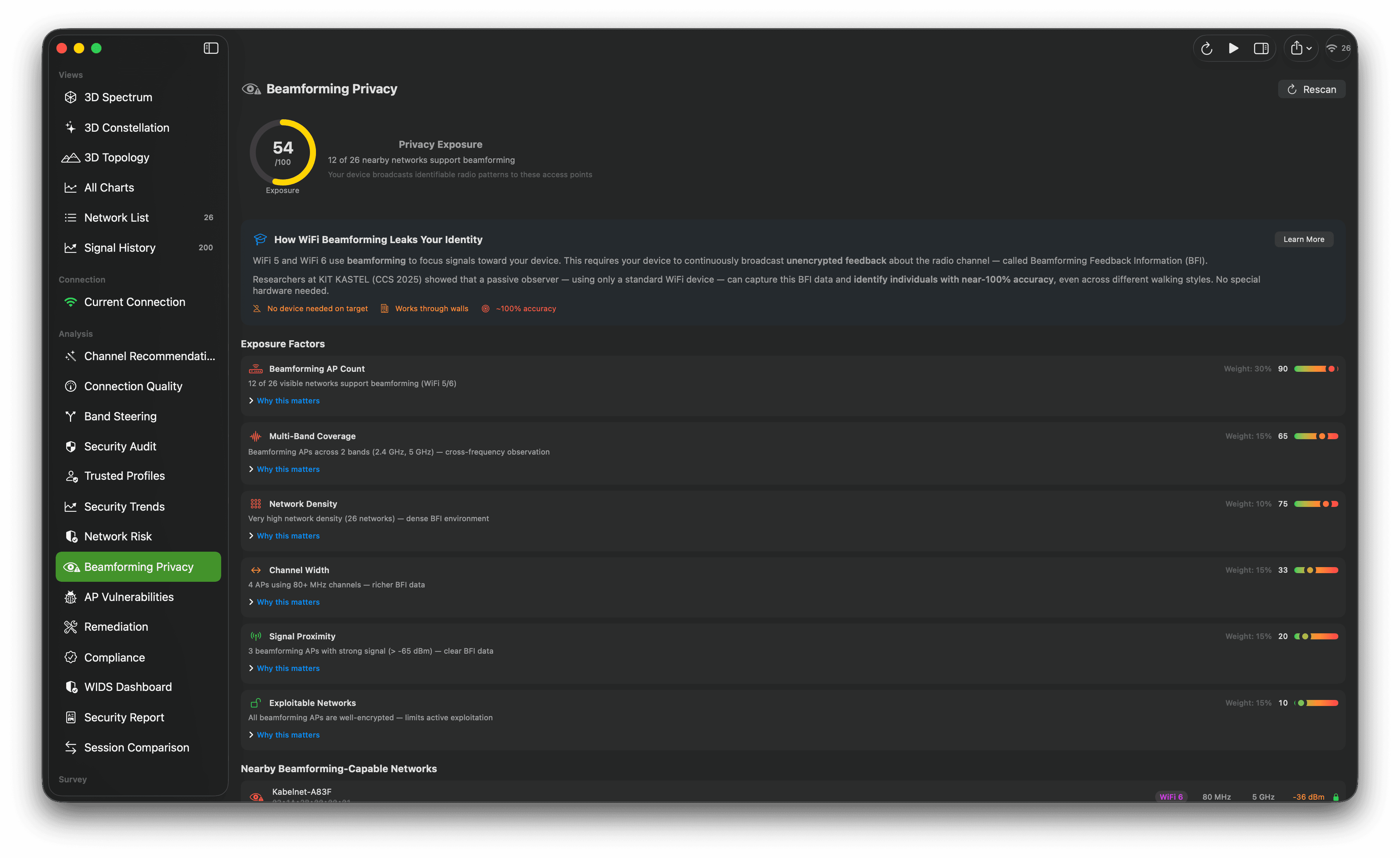 Beamforming privacy dashboard with a score, technical findings, affected networks, and recommendations.