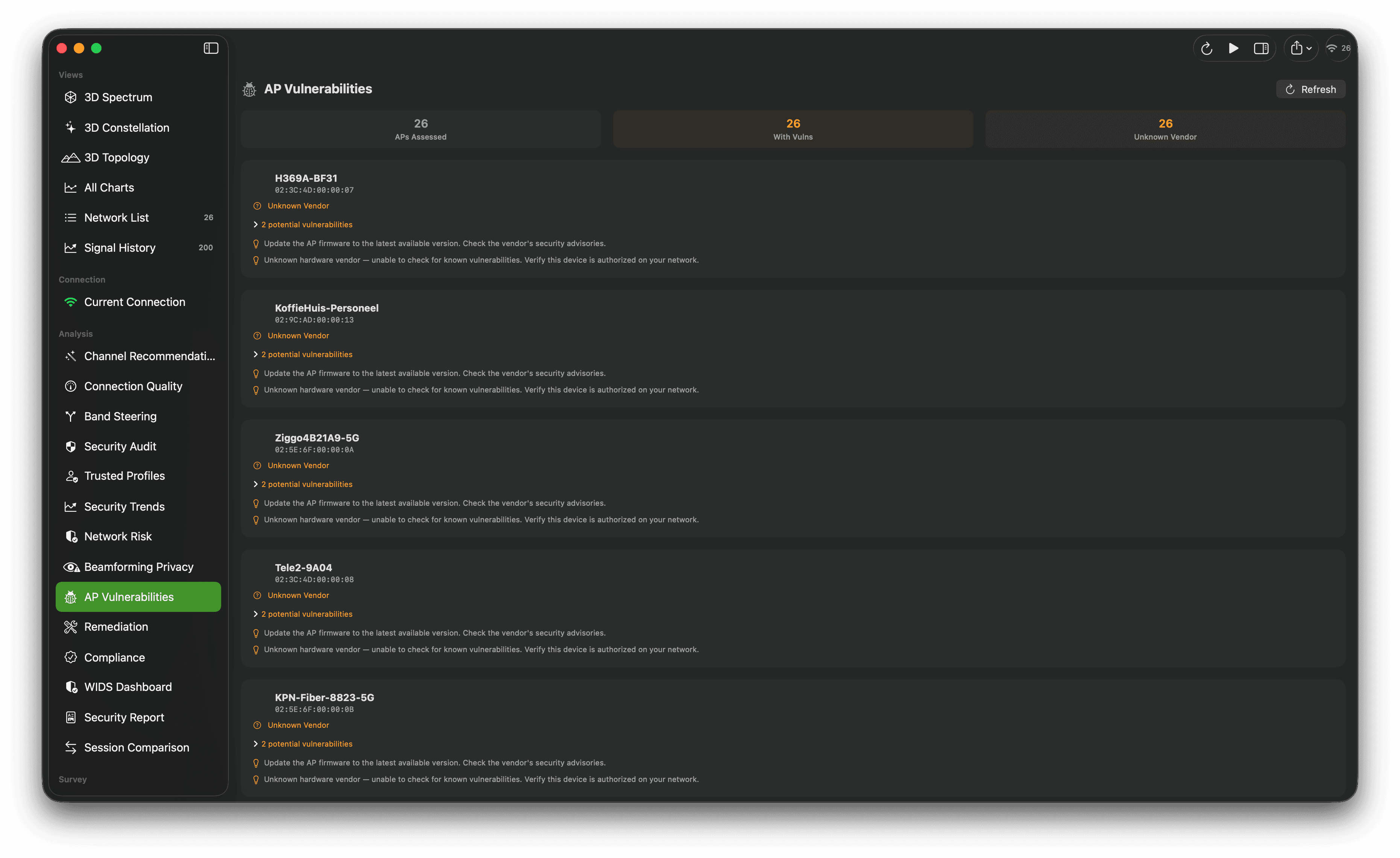 Access-point vulnerability list with severity summaries, issue descriptions, and affected devices.
