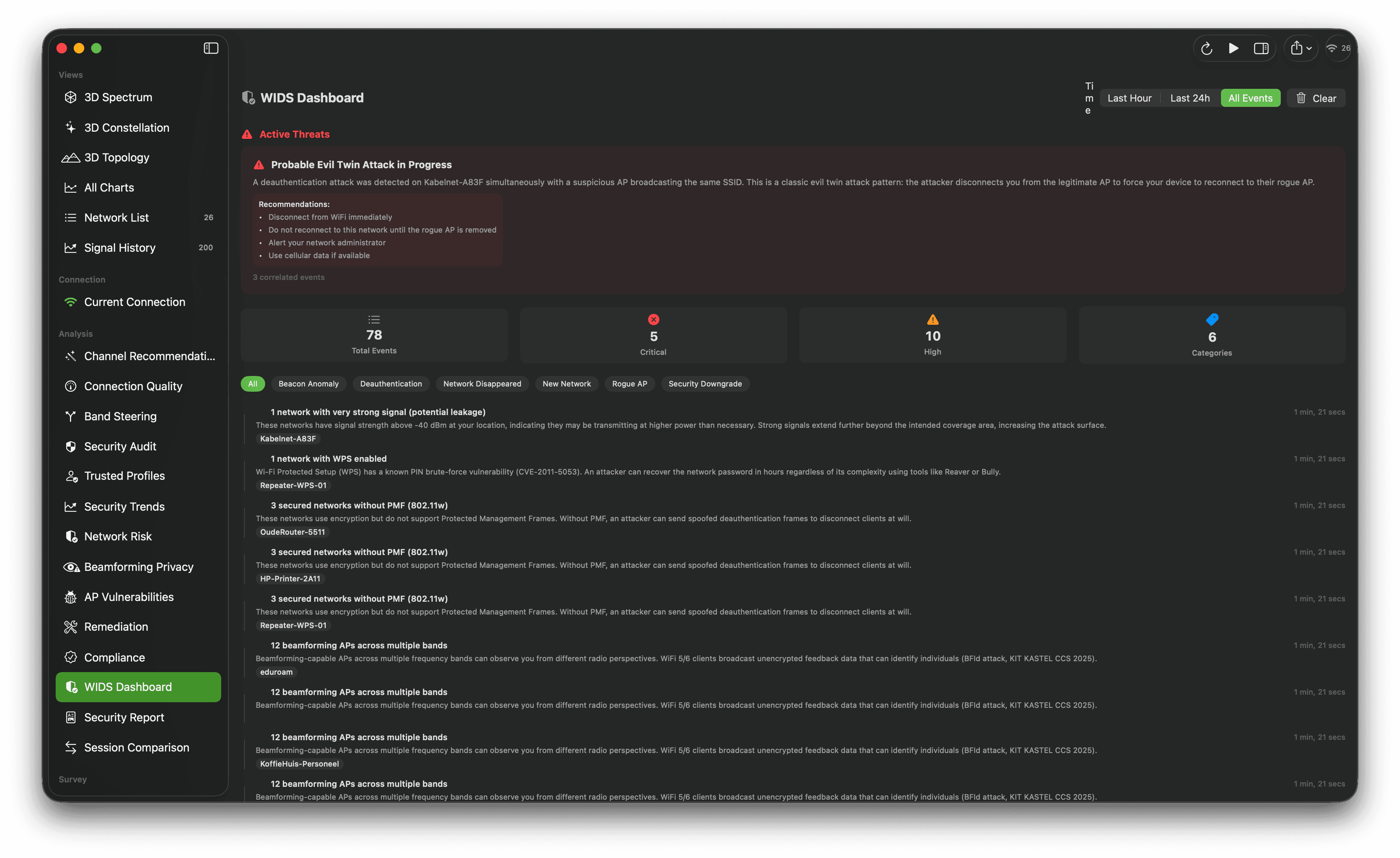 Wireless intrusion dashboard with an alert banner, detection counts, and recent security events.