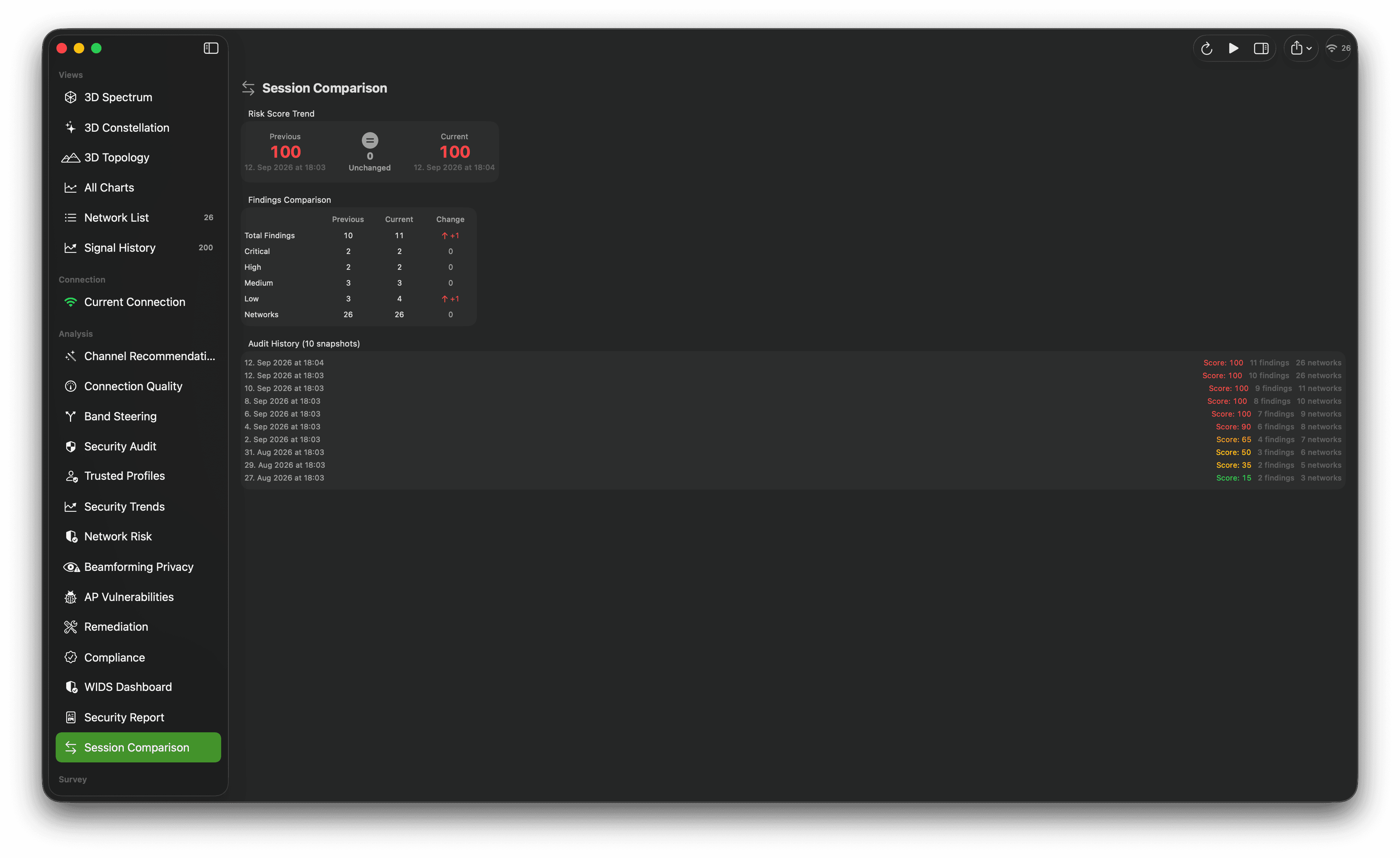 Wi-Fi session comparison with summary scores, changed-network details, and a difference table.