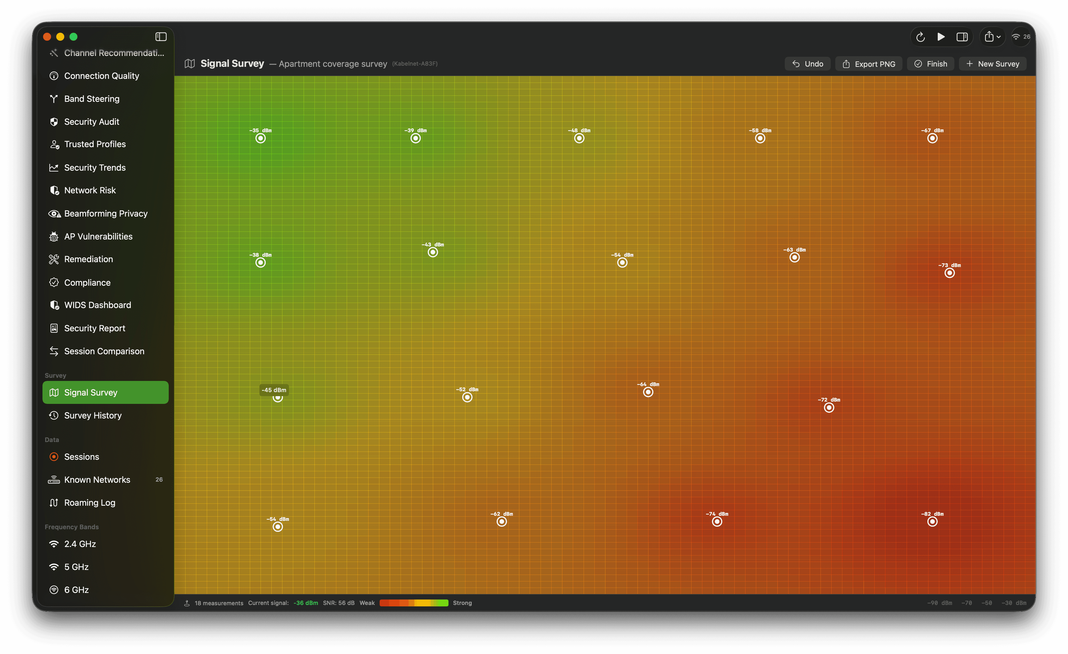 Floor-plan Wi-Fi heatmap shaded green through orange with access-point measurement markers.