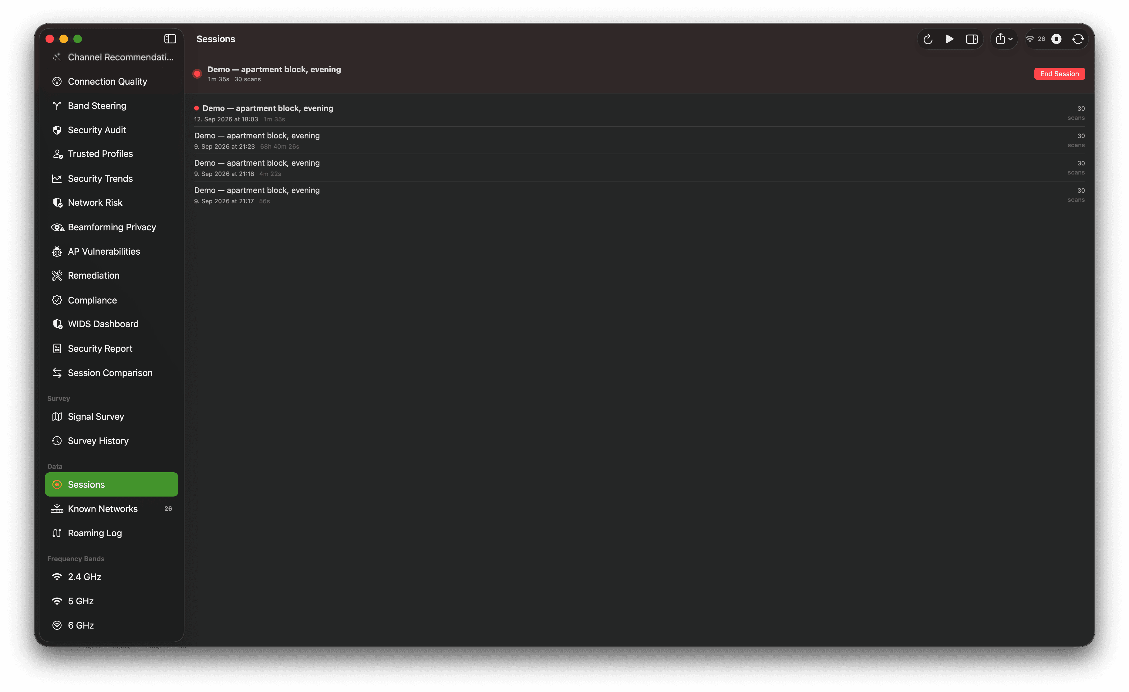 Wi-Fi scan-session list with named recordings, timestamps, status labels, and actions.