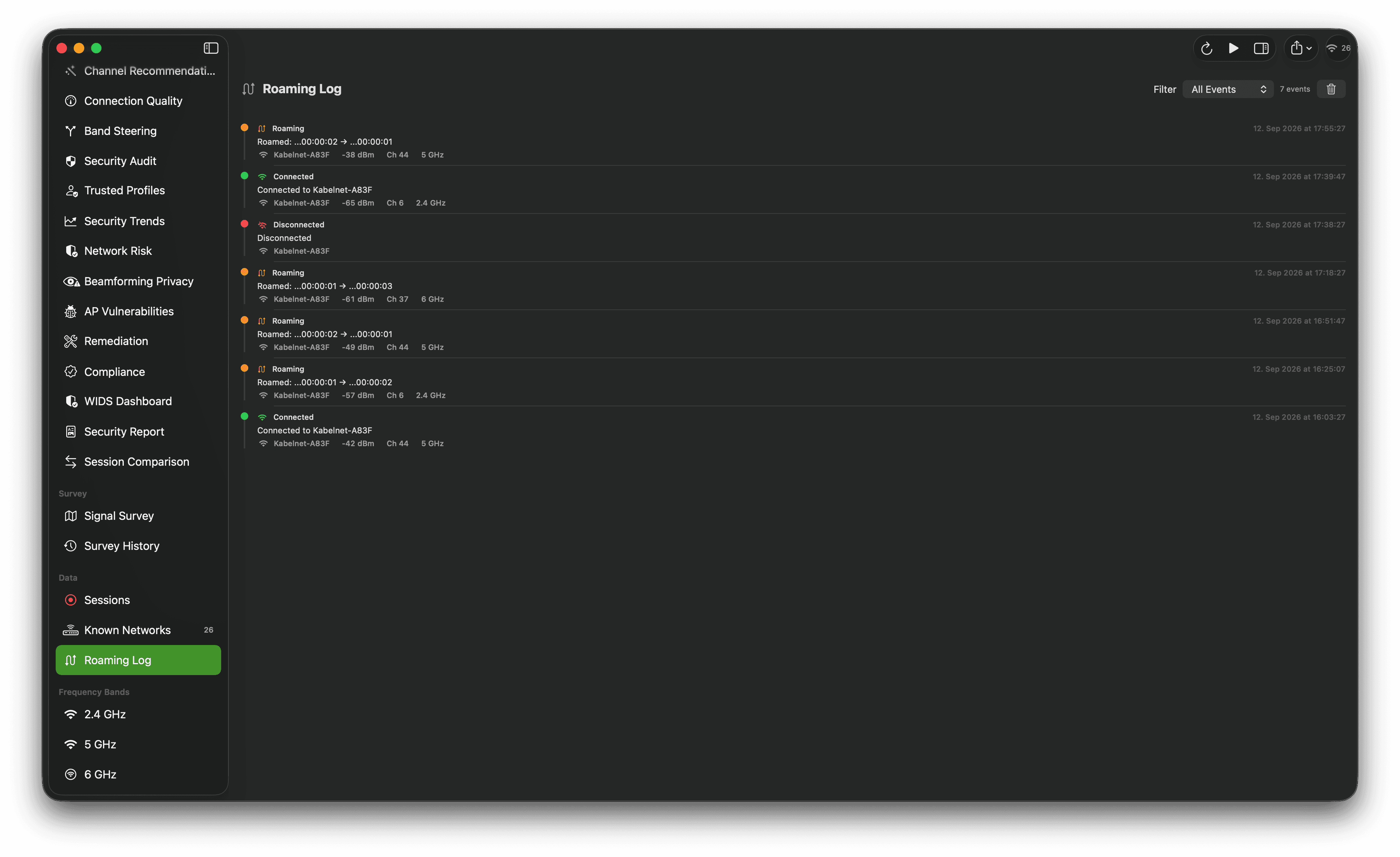 Wi-Fi roaming log listing client transitions, source and destination access points, and outcomes.