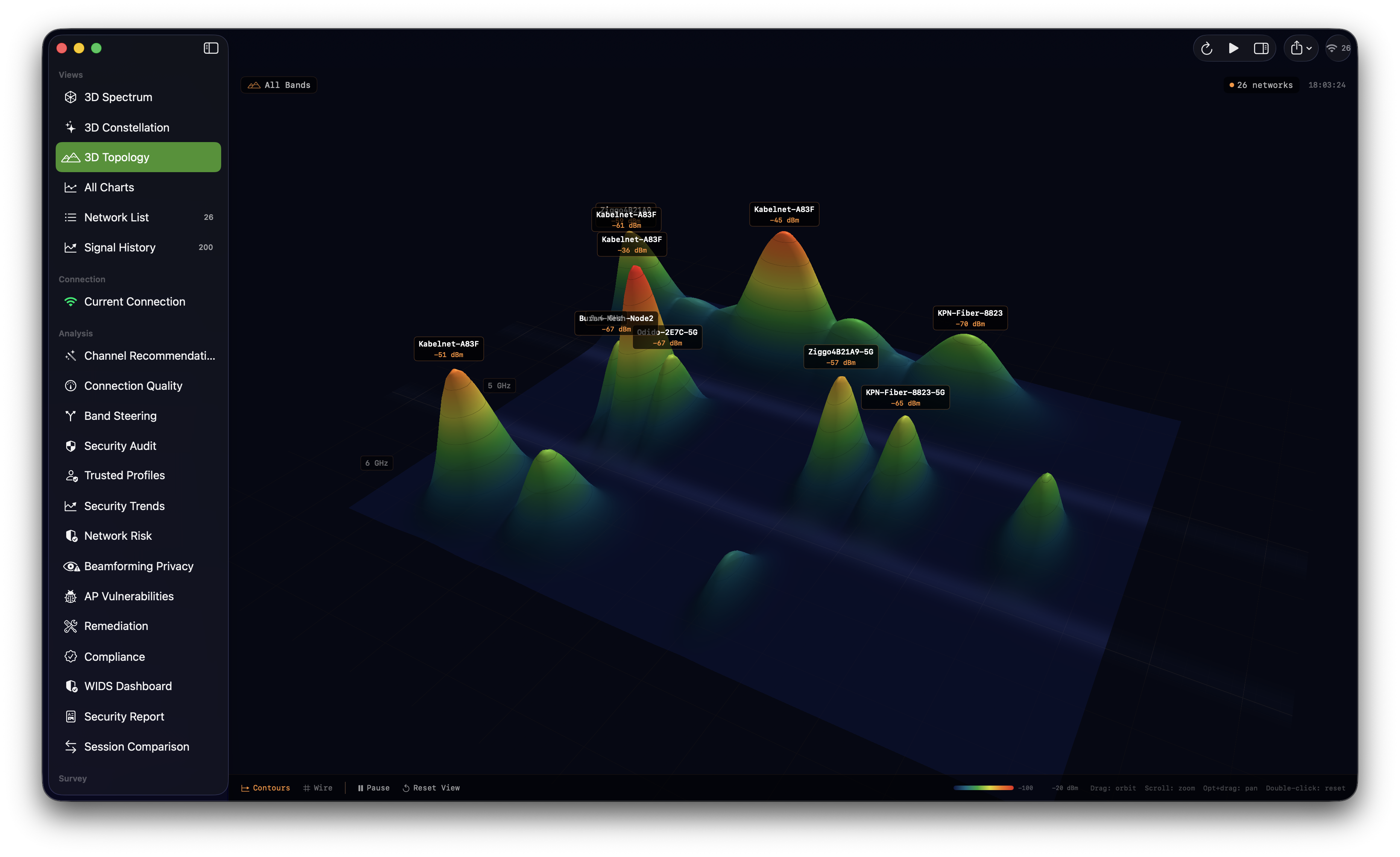 Three-dimensional Wi-Fi topology landscape with labeled access points on colored peaks.