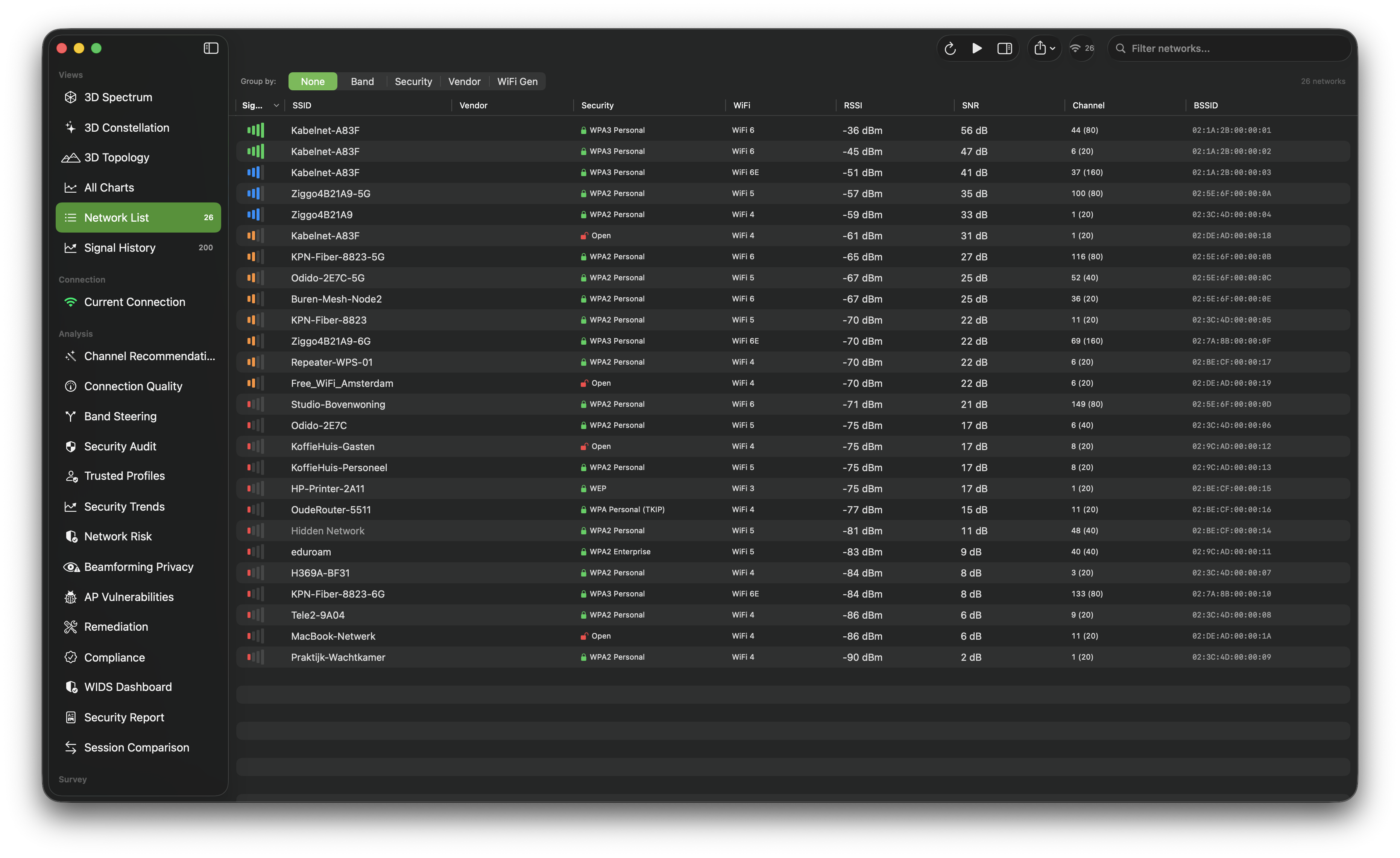 Live Wi-Fi network table with SSIDs, channels, signal levels, security, and vendor details.